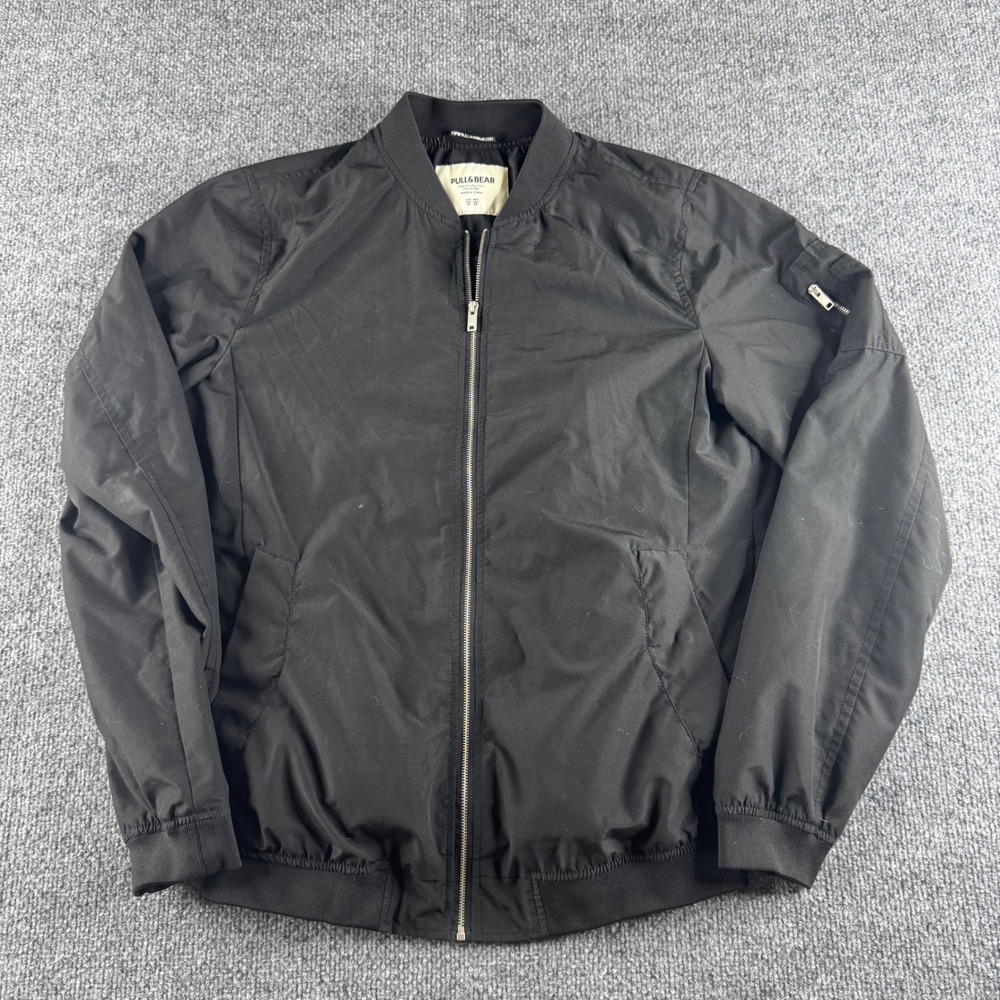 Pull&Bear Mens Black Bomber Jacket Basics Collection Mesh Lined Full Zip Size M